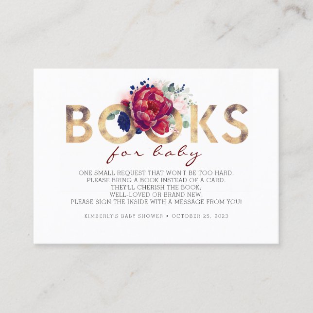 Carte De Visite Demande de baby shower - Floral rouge Bourgogne (Devant)