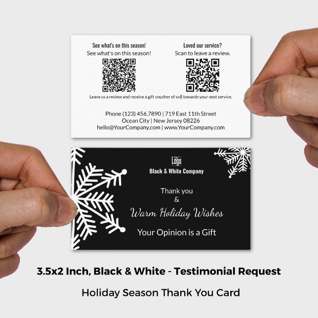 Carte De Visite Demande de témoignage de vacances en noir et blanc (Black & White Holiday Testimonial Request Business Card; Size 3.5x2 Inch (US))