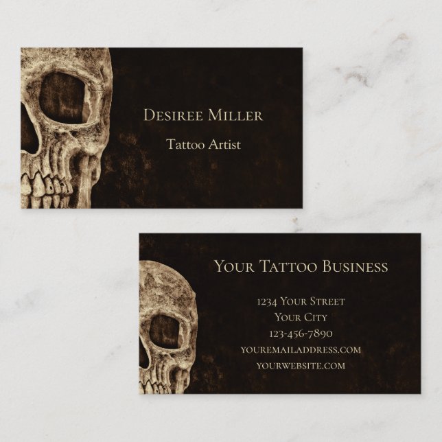 Carte De Visite Demi-crâne gothique Artiste de tatouage beige Brow (Devant / Derrière)