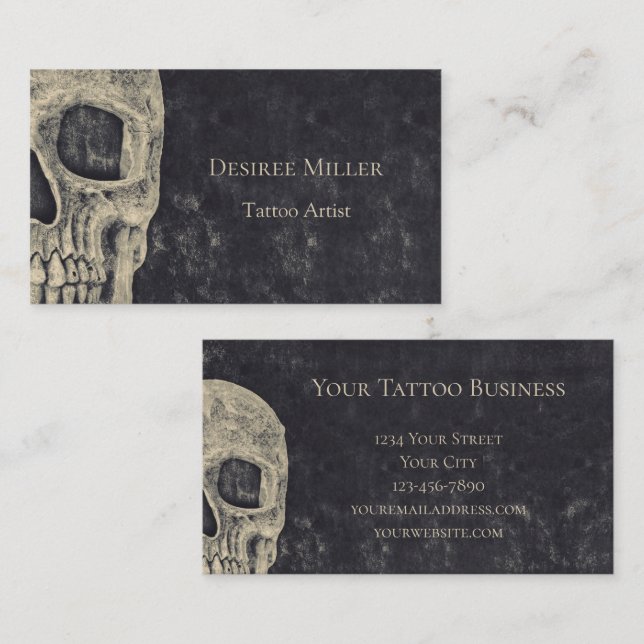 Carte De Visite Demi-crâne gothique Gris Beige Tatouage Artiste (Devant / Derrière)