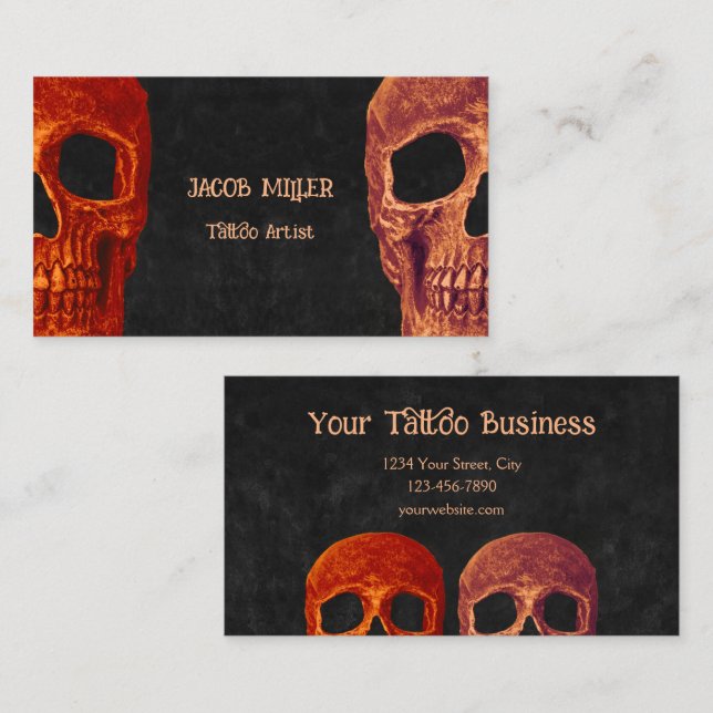 Carte De Visite Demi-crâne Gothique Orange Black Texture Boutique  (Devant / Derrière)