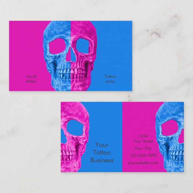 Carte De Visite Demi-crâne gothique Tête Neon bleu rose Tattoo Sho (Devant / Derrière)