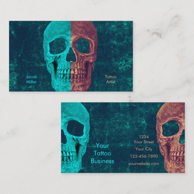 Carte De Visite Demi-crâne gothique Turquoise Texture Brown Tattoo (Devant / Derrière)