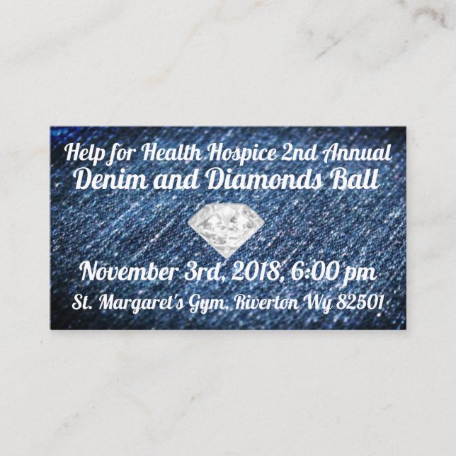 Carte De Visite Denim et diamants de billet d'hospice (Devant)