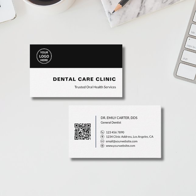 Carte De Visite Dental Clinic Dentist Custom Logo QR Code Black (Dental Clinic Dentist Custom Logo QR Code Black Business Card)
