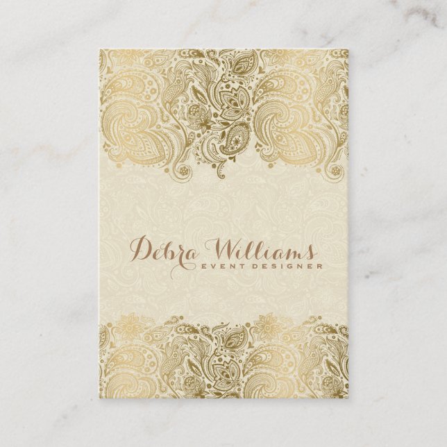 Carte De Visite Dentelle Beige & Or Florale Paisley (Devant)