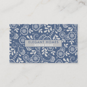 Carte De Visite Dentelle florale bleu français et argent