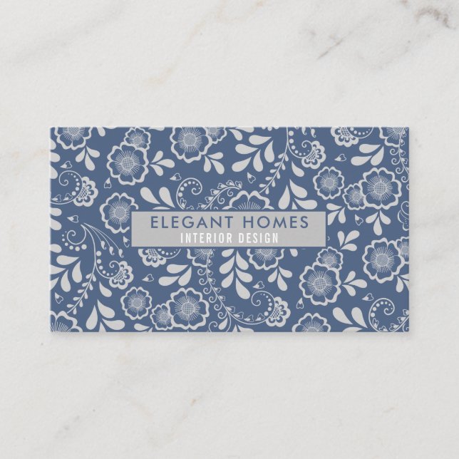 Carte De Visite Dentelle florale d'argent et de bleu français (Devant)