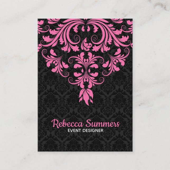 Carte De Visite Dentelle Florale Noire Et Rose (Devant)