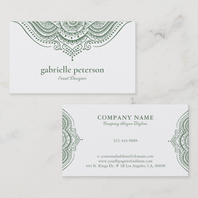 Carte De Visite Dentelle vert olive Paisley Mandala (Devant / Derrière)
