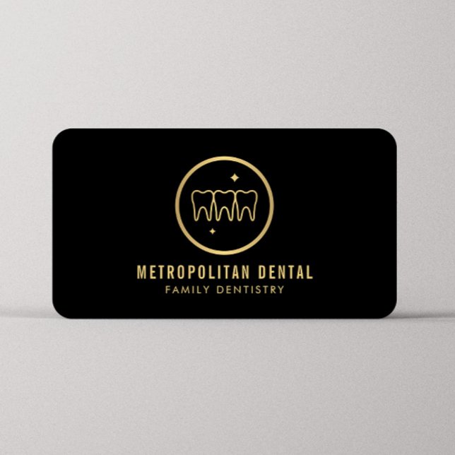 Carte De Visite Dentiste moderne Dents Faux Logo Or sur Noir (Créateur téléchargé)