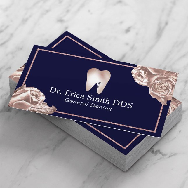 Carte De Visite Dentiste moderne Rose Gold Floral Marine Soins den (Créateur téléchargé)