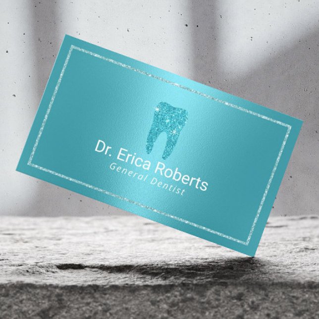 Carte De Visite Dentiste Moderne Turquoise Metallic Bureau dentair (Créateur téléchargé)