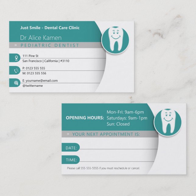 Carte De Visite Dentiste pédiatrique | Pratique dentaire (Devant / Derrière)