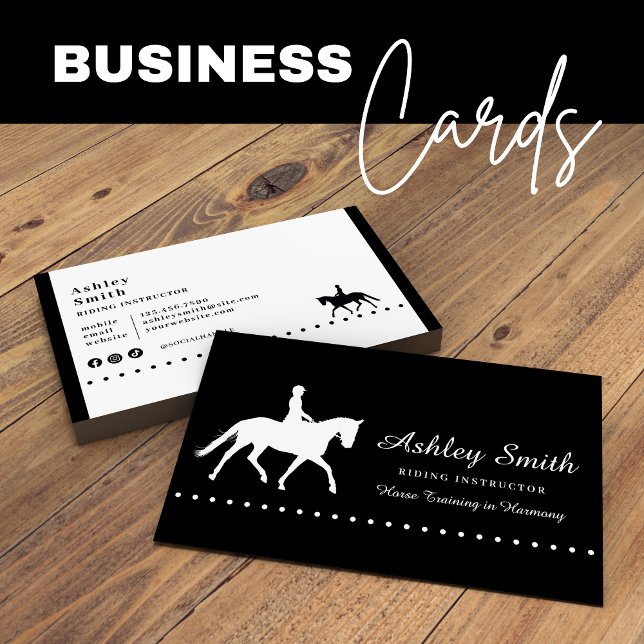 Carte de visite d'entraîneur de chevaux à la mode  (Modern Trendy Horse Trainer Business Card Black and White)