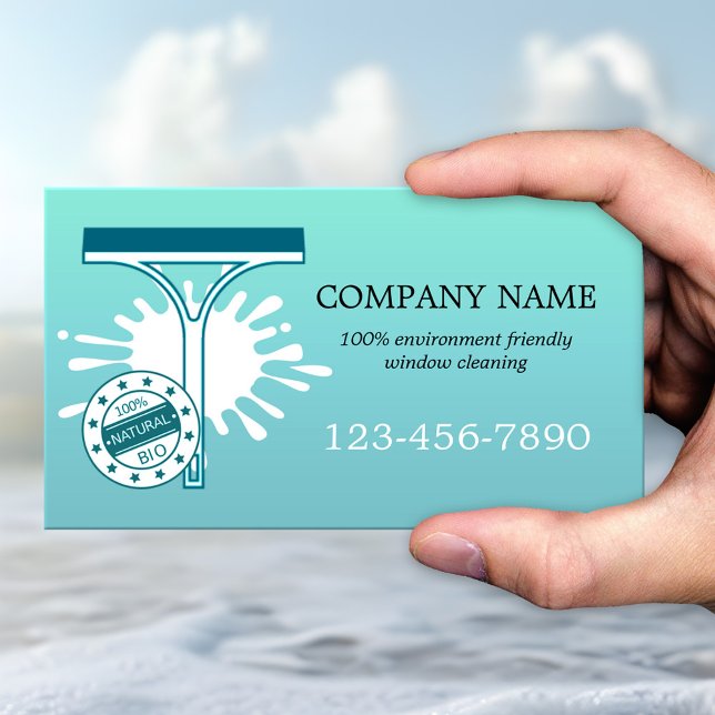 Carte de visite des services de nettoyage de fenêt (Business card featuring a simple turquoise teal design with an eco-friendly window cleaner theme)