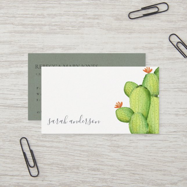 CARTE DE VISITE DÉSERT D'EAU VERTE MONOGRAMME DE FLEURS CACTUS (Devant/Arrière en situation)