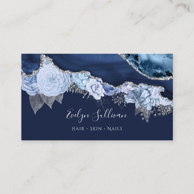 carte de visite design agate de fleurs bleues (Devant)