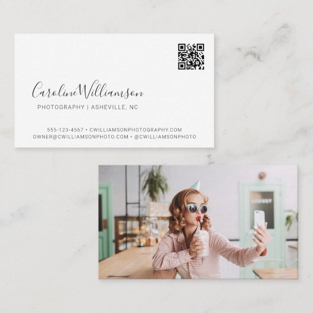 Carte De Visite Design blanc moderne photo QR Code minimal tendanc (Devant / Derrière)