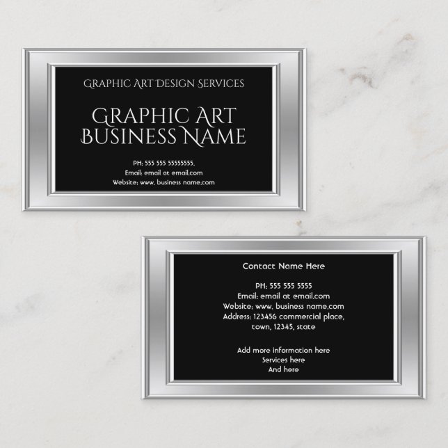 Carte De Visite Design d'art graphique moderne élégant Argent Noir (Devant / Derrière)