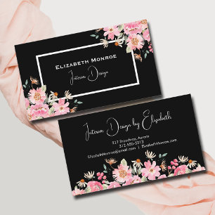 Carte De Visite Design d'intérieur de script floral noir