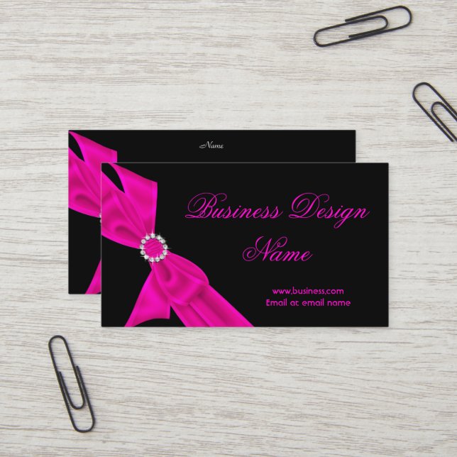 Carte De Visite Design élégant noir Hot rose Diamond Bow (Devant/Arrière en situation)