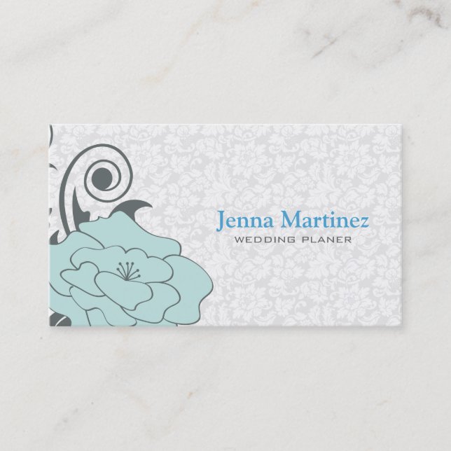 Carte De Visite Design Floral Blanc Et Gris Bleu (Devant)