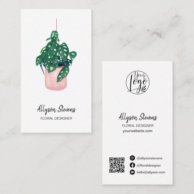 Carte De Visite Design floral moderne monstera logo blanc qr code (Devant / Derrière)