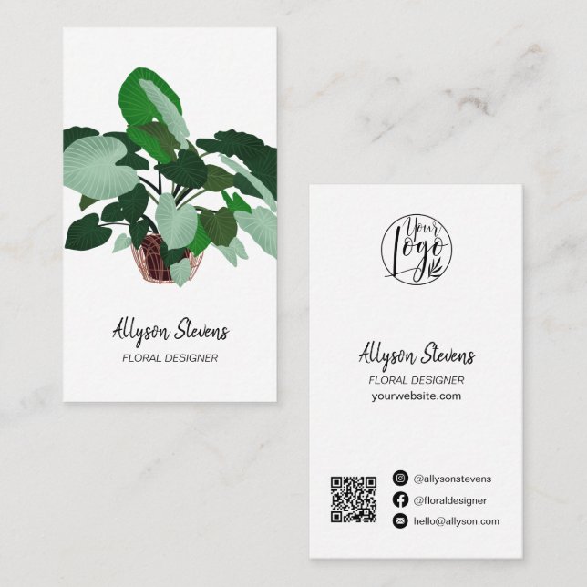 Carte De Visite Design floral moderne plante blanc logo qr code (Devant / Derrière)