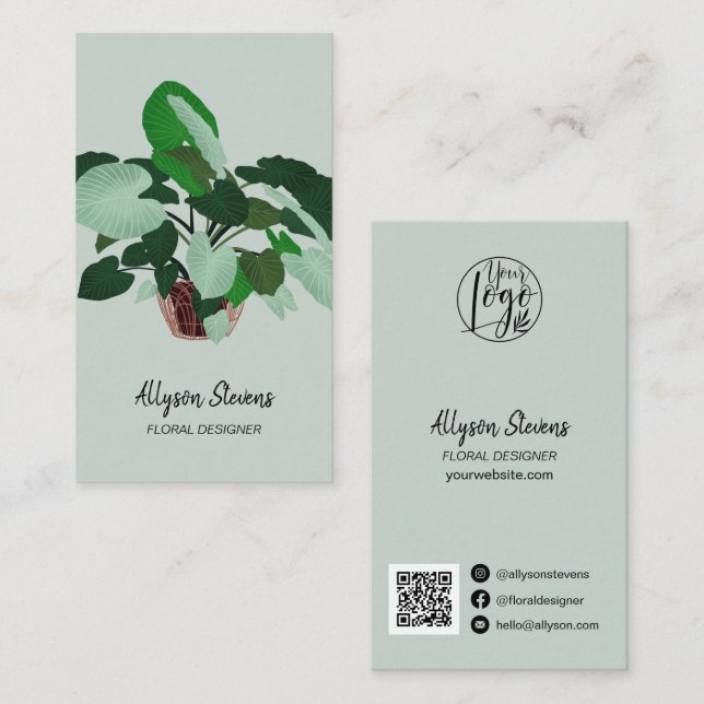 Carte De Visite Design floral moderne plante vert logo qr code (Devant / Derrière)