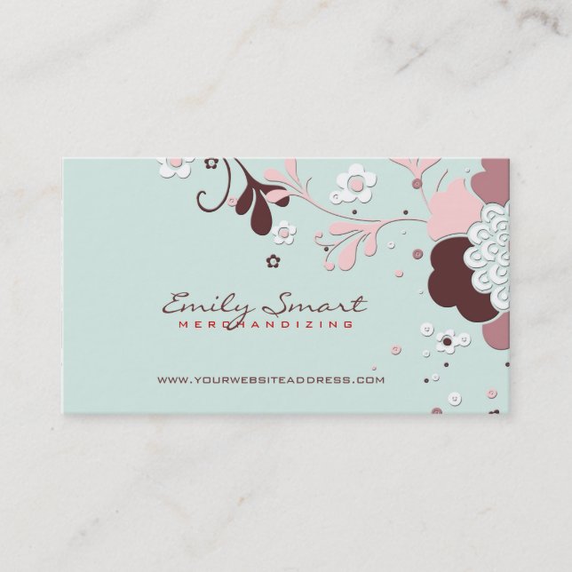 Carte De Visite Design Floral Rétro Brown Bleu Et Rose (Devant)