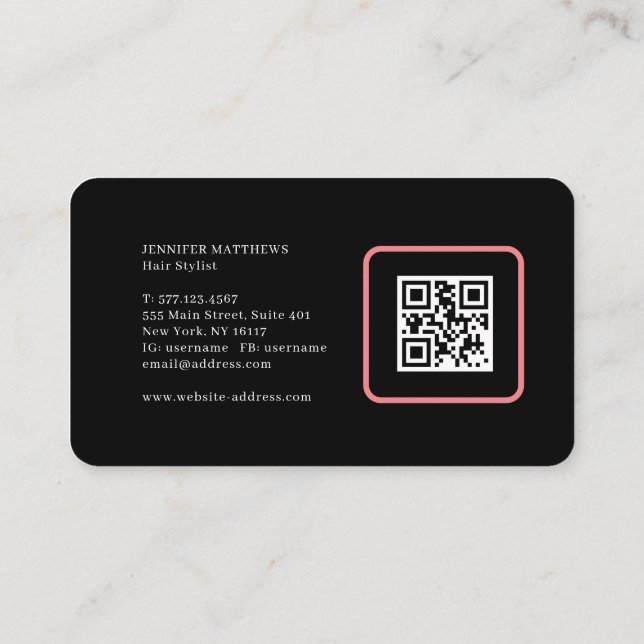 Carte De Visite Design glam rose néon cheveux script logo qr code (Dos)