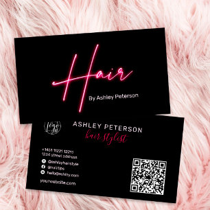 Carte De Visite Design glam rose néon cheveux script logo qr code