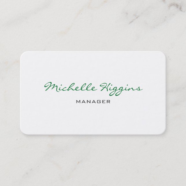 Carte De Visite Design Green Script White Manager Plain Elegant (Devant)
