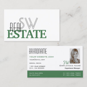 Carte De Visite Design moderne blanc vert avec Monogramme et photo