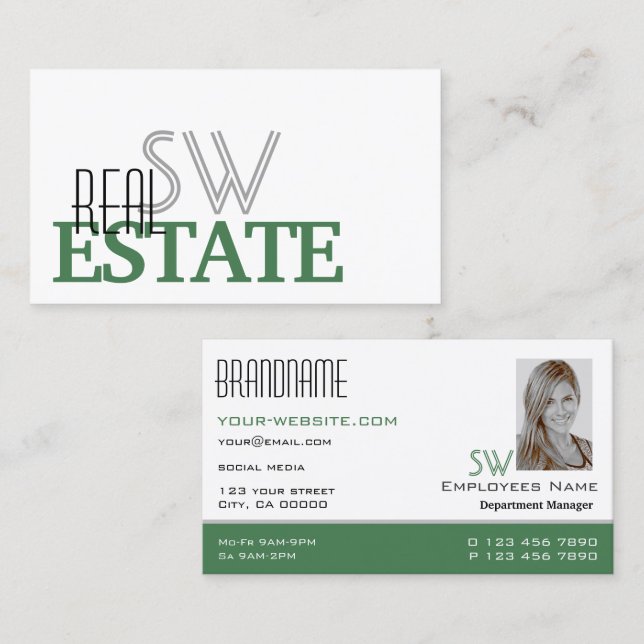 Carte De Visite Design moderne blanc vert avec Monogramme et photo (Devant / Derrière)