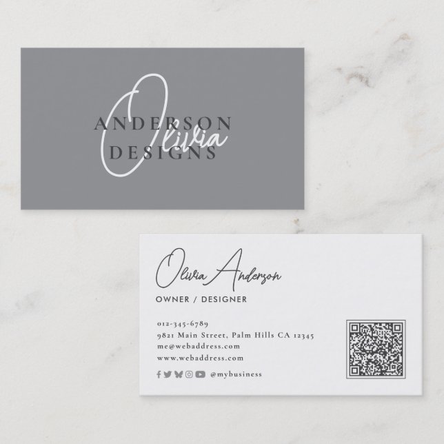 Carte De Visite Design moderne élégant Script QR Code Social Media (Devant / Derrière)