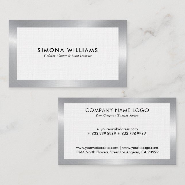Carte de visite design simple blanc et argent (Devant / Derrière)
