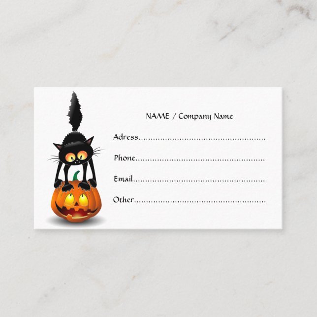 Carte De Visite Dessin d'Halloween au chat effrayé sur Citrouille (Devant)