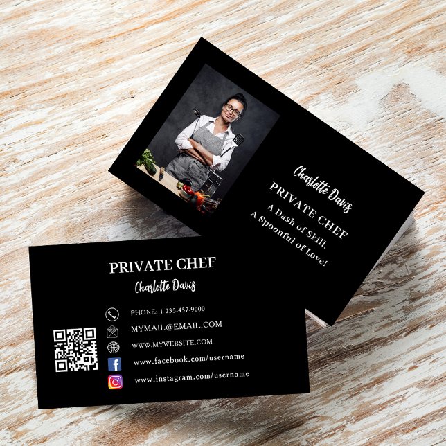 Carte De Visite Dessin photo noir blanc du chef privé code QR (Créateur téléchargé)