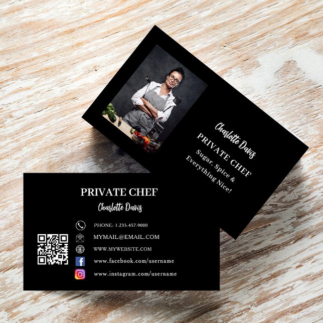Carte De Visite Dessin photo noir blanc du chef privé code QR (Créateur téléchargé)
