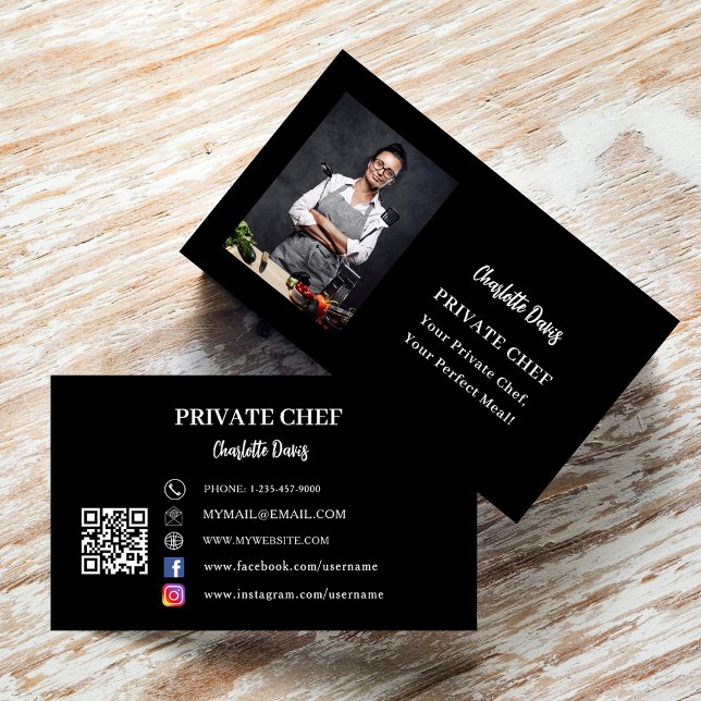 Carte De Visite Dessin photo noir blanc du chef privé code QR (Créateur téléchargé)