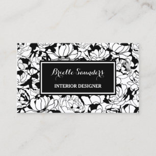 Carte De Visite Dessinateur d'intérieurs Girly floral blanc noir