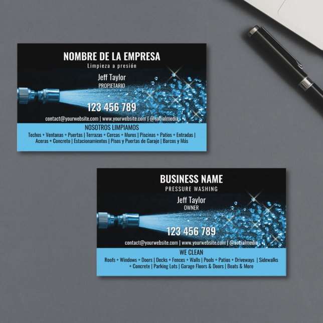 Carte De Visite Deux langues Lave-pression Lave-linge (A water hose spraying out diamonds instead of water, against a black background, high-resolution pho)