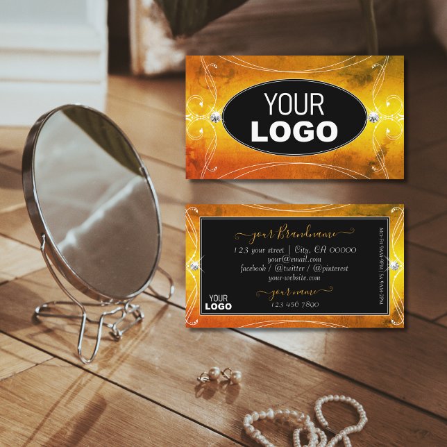 Carte De Visite Diamants à étincelles orange noir avec logo (Créateur téléchargé)
