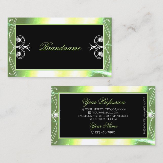 Carte De Visite Diamants brillants noirs brillants verts ornementa (Devant / Derrière)