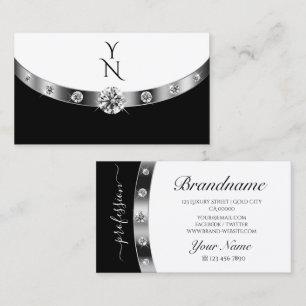 Carte De Visite Diamants de monogramme noir et blanc d'argent mode