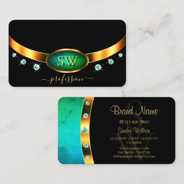 Carte De Visite Diamants de Monogramme Turquoise en marbre noir br (Devant / Derrière)