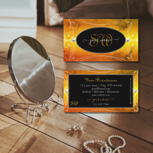 Carte De Visite Diamants d'étincelle orange noire Initiales (Créateur téléchargé)