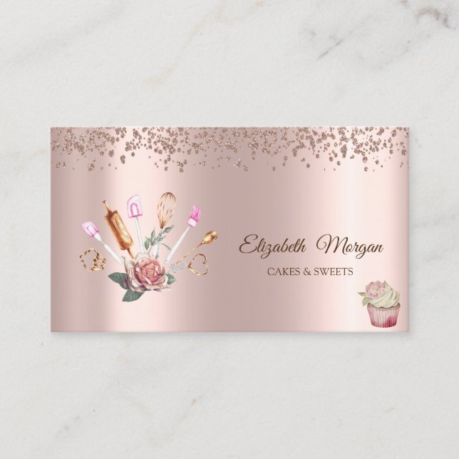 Carte De Visite Diamants d'or rose, Fleur, Outils de boulangerie C (Devant)